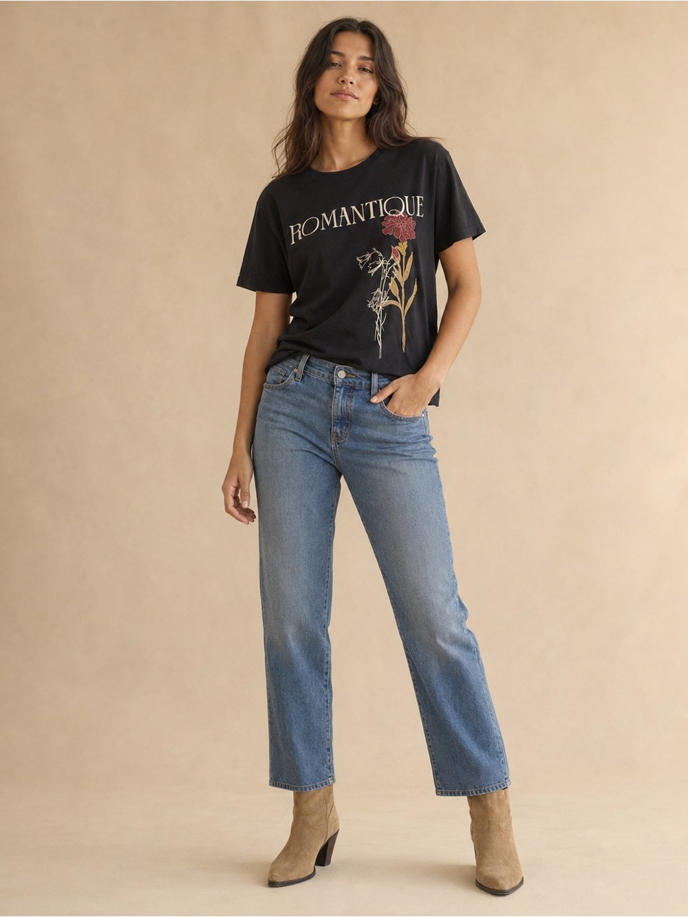 Anthropologie Romantique Embroidered Floral Graphic Tee Black Size Medium